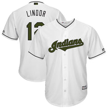 Load image into Gallery viewer, Francisco Lindor Cleveland Indians Majestic 2018 Memorial Day Cool Base Player Jersey - White