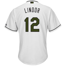 Load image into Gallery viewer, Francisco Lindor Cleveland Indians Majestic 2018 Memorial Day Cool Base Player Jersey - White