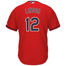 Load image into Gallery viewer, Francisco Lindor Cleveland Indians Majestic Alternate 2019 Cool Base Player Jersey – Scarlet/Navy